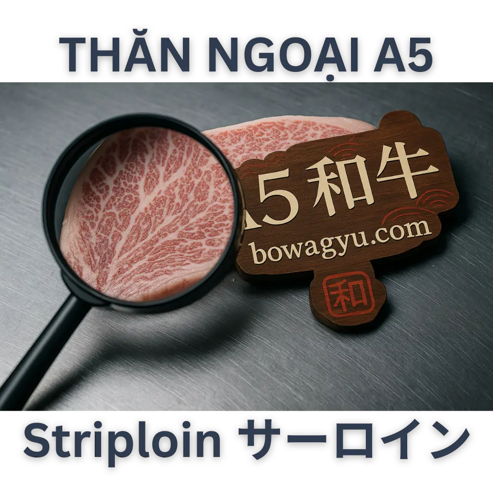 Thăn Ngoại Bò Wagyu A5 Nhật Bản (Striploin / Sāroin) – Hàng Đấu Giá 📦 Thông số kỹ thuật sản phẩm: Thăn ngoại bò Nhật A5 (A5 Wagyu Striploin – Auction Grade)Thuộc tính Thông tin chi tiết Tên sản phẩm Thăn ngoại bò Wagyu A5 Nhật Bản (đấu giá) | Japanese A5 Wagyu Striploin (Auction Grade) | A5和牛サーロイン(競り落とし) Thương hiệu Kumamoto, Miyazaki, Kamichiku | 熊本和牛 – 宮崎牛 – カミチク Xuất xứ Nhật Bản 🇯🇵 Cấp độ phân loại A5 – Auction Grade ( HÀNG TUYỂN ĐẤU GIÁ ) Loại bò Bò Wagyu Nhật Bản thuần chủng Tỉ lệ vân mỡ cẩm thạch (BMS) BMS 10 – 12 Hình thức đóng gói Nguyên khối / Cắt lát Khối lượng gợi ý 200g – 1kg Hình thức bảo quản Đông lạnh –18°C, hút chân không Thời hạn sử dụng 12 tháng kể từ ngày sản xuất
