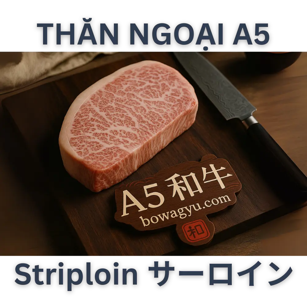 Thăn Ngoại Bò Wagyu A5 Nhật Bản (Striploin / Sāroin) – Hàng Đấu Giá 🎯 Tại sao Thịt bò Wagyu A5 Nhật Bản lại đắt giá đến vậy?Phân hạng A5 Wagyu – Đỉnh cao trong hệ thống đánh giá thịt bò Nhật Bản A5 Wagyu (Auction Grade) được chọn lọc kỹ càng qua các phiên đấu giá, đánh giá dựa trên tỷ lệ mỡ, màu sắc, độ mềm và cấu trúc thịt. Chỉ một phần rất nhỏ bò Wagyu đạt chuẩn A5 mỗi năm, khiến giá trị của loại thịt này trở nên khan hiếm và đắt đỏ.
