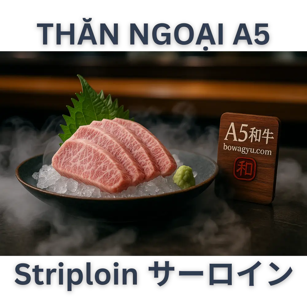 Thăn Ngoại Bò Wagyu A5 Nhật Bản (Striploin / Sāroin) – Hàng Đấu Giá So sánh trải nghiệm giữa A5 Wagyu Sirloin và Japanese A5 Wagyu StriploinTiêu chí A5 Wagyu Sirloin Japanese A5 Wagyu Striploin Độ mềm Cao Cực cao Độ béo Trung bình Cao Cách chế biến phù hợp Steak, Teppan Steak, Yakiniku