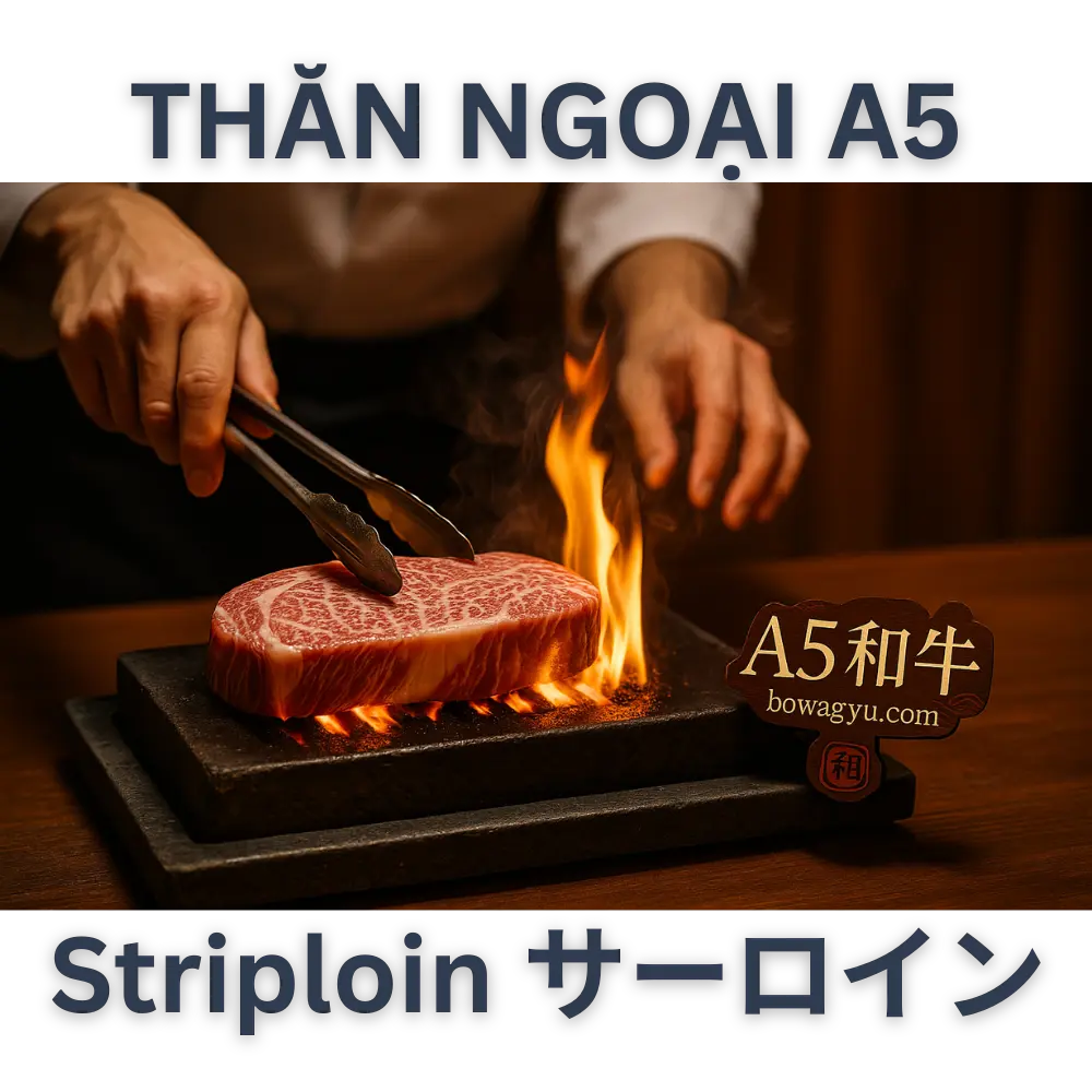 Thăn Ngoại Bò Wagyu A5 Nhật Bản (Striploin / Sāroin) – Hàng Đấu Giá 🍽️ Cách chế biến và thưởng thức Thăn ngoại Wagyu A5 đúng điệuHướng dẫn cách làm steak Wagyu A5 chuẩn nhà hàng 🥩 Để làm steak Wagyu A5 ngon đúng điệu, bạn cần: Để thịt ở nhiệt độ phòng 30 phút Chỉ áp chảo 1-2 phút mỗi mặt Dùng muối biển, tiêu đen, không dùng gia vị mạnh