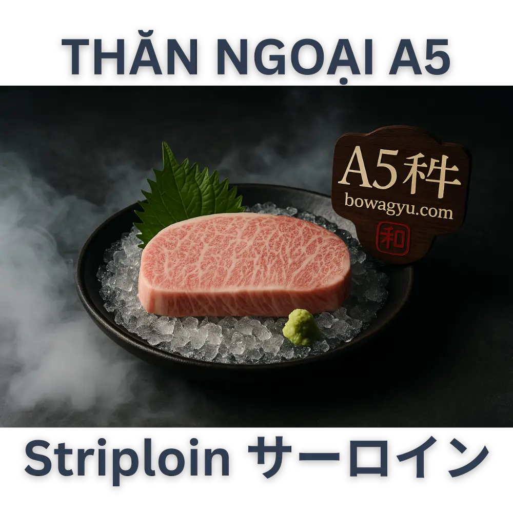 Thăn Ngoại Bò Wagyu A5 Nhật Bản (Striploin / Sāroin) – Hàng Đấu Giá 📊 Bảng tổng hợp so sánh các loại Bò Nhật cao cấpLoại Bò Nguồn Gốc Vân Mỡ (BMS) Giá tham khảo Điểm nổi bật A5 Wagyu Kamichiku Kagoshima 11-12 7.000.000đ/kg Mềm, béo ngậy, thanh vị Bò Kobe A5 Hyogo 10-12 9.500.000đ/kg Hương vị mạnh, ngậy đậm Bò Wagyu Hida Gifu 9-11 6.200.000đ/kg Vị béo đậm, ăn no lâu Miyazaki A5 Miyazaki 10-12 6.800.000đ/kg Ngọt thanh, dễ ăn